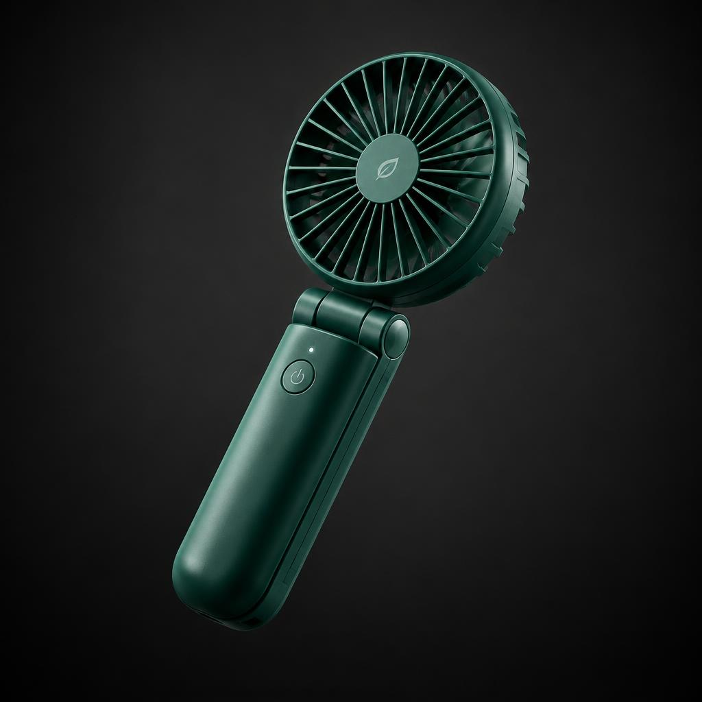 Emerald Go handheld fan in deep green, with a round fan head that folds on a hinge and a power button on the handle.