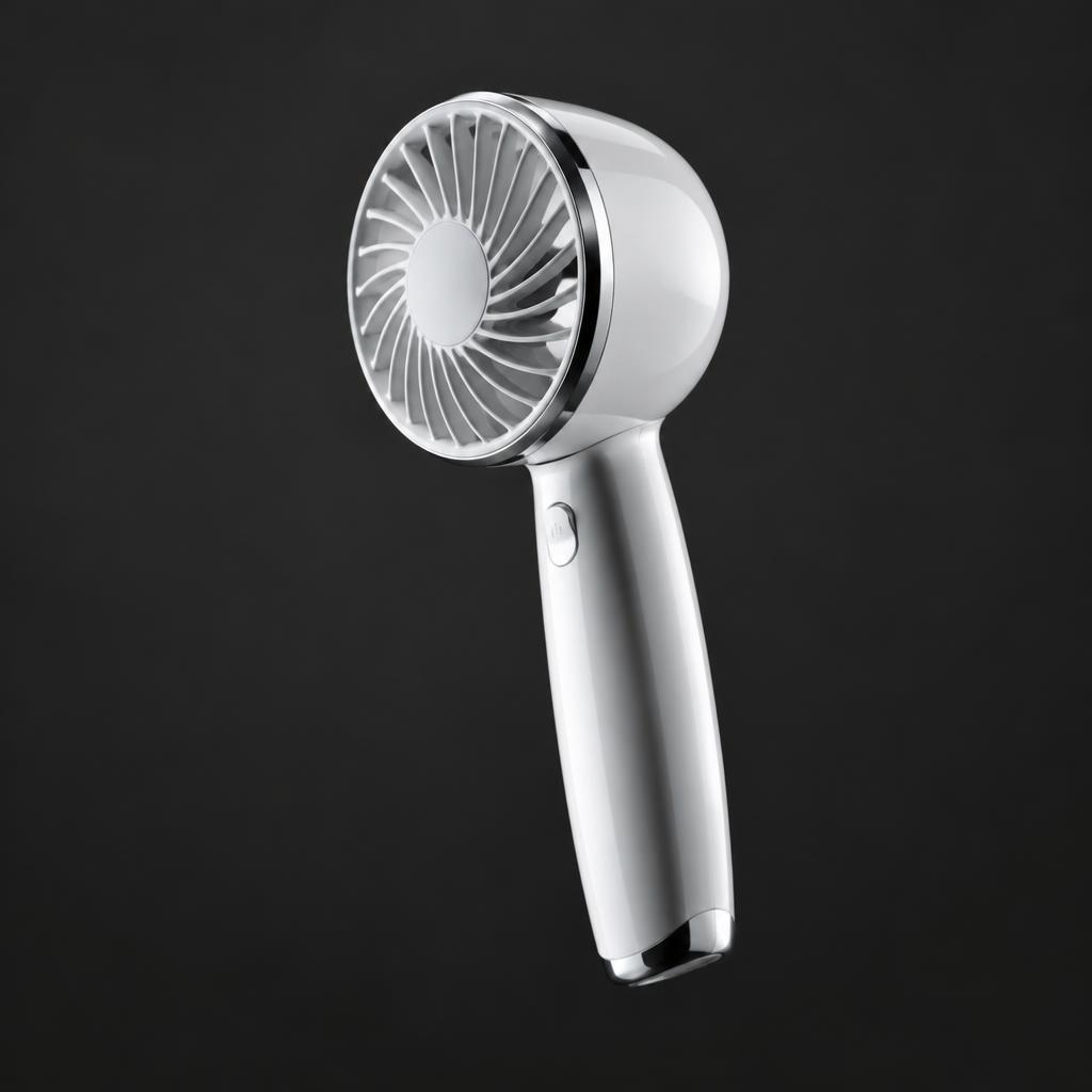 Glacier handheld fan in gloss white, with white blades and chrome trim around the fan head and the base.