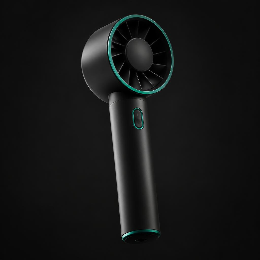 Onyx Pro handheld fan in matte black, with an emerald ring around the fan head and emerald trim on the button and base.