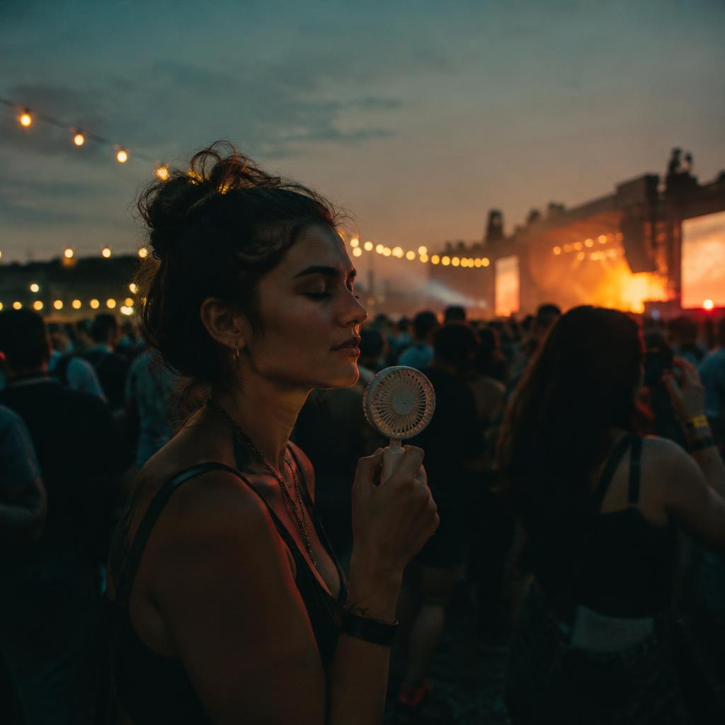 A woman at an outdoor festival at dusk holds a small white handheld fan to her face, with the lit stage behind the crowd.
