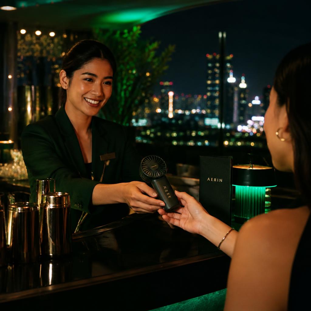 At a rooftop hotel bar at night, a smiling host hands a guest a black handheld fan, with the city skyline behind them.
